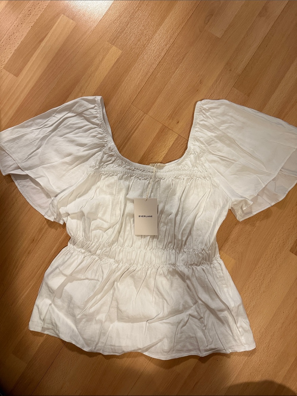 Everlane White Smocked Waist Puff-Sleeve Blouse XL